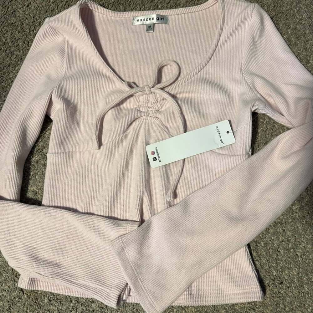 NWT Madden Girl Pink Ribbed Long Sleeve Tie-Front Top Size M